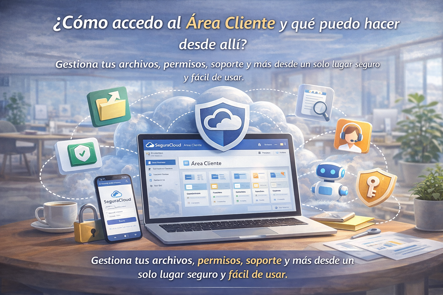 Área Cliente de SeguraCloud PYMES mostrando panel de gestión de archivos y usuarios